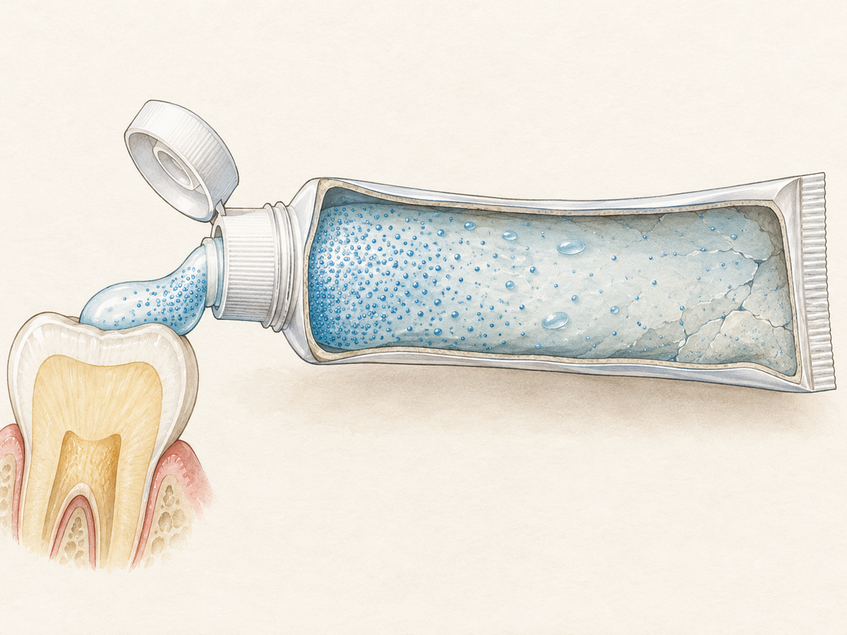 A cross-section of a toothpaste tube shows fluoride particles densely distributed in fresh paste near the opening and sparser, unevenly scattered in older paste deeper inside, next to a clean tooth enamel surface that fluoride helps protect.