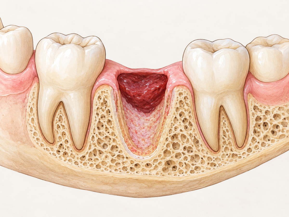 Cross-section of a lower jaw after wisdom tooth removal, showing the empty molar socket with its protective blood clot, pink gum tissue closing around the opening, and surrounding jawbone during early healing.