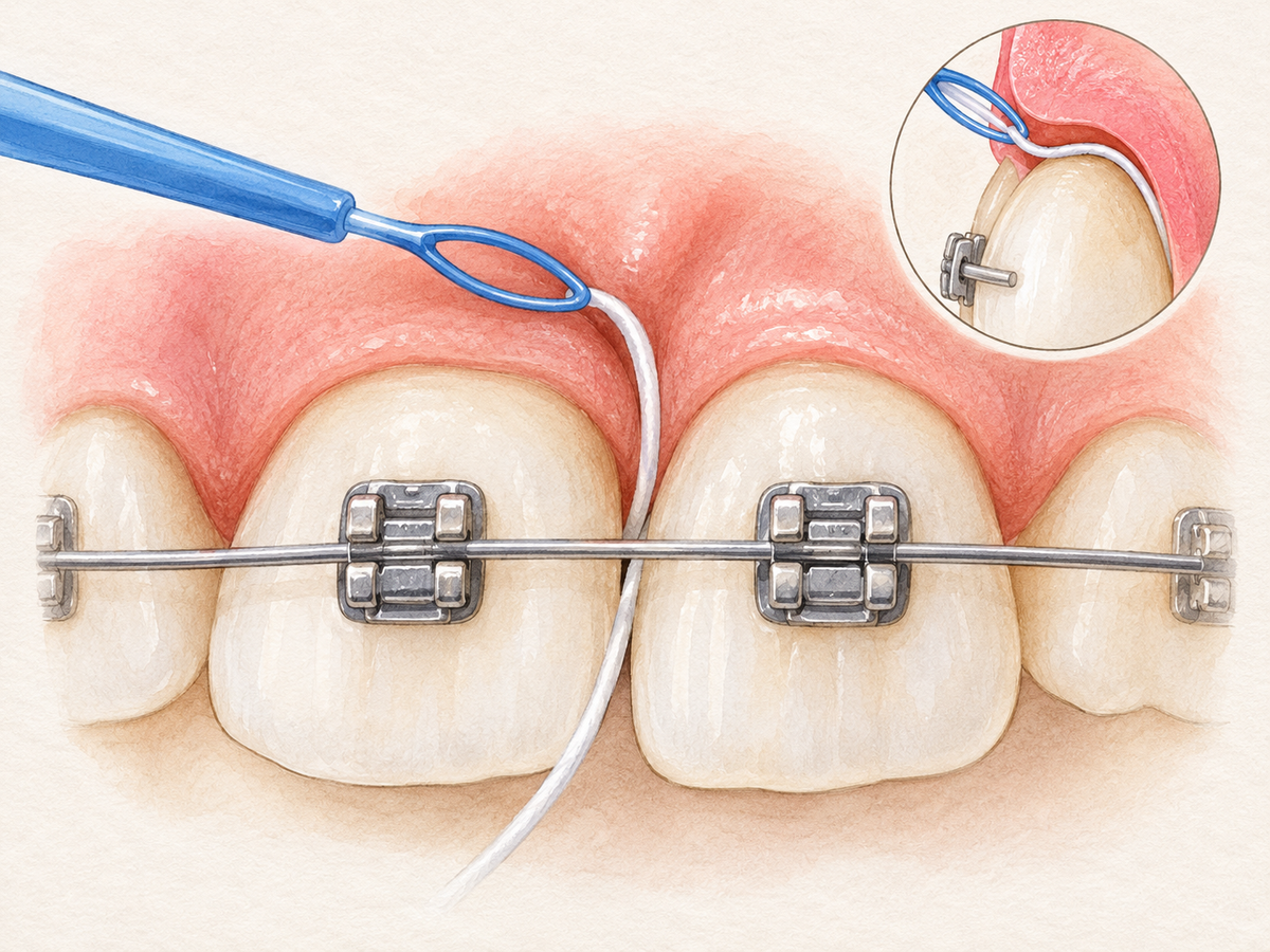 A floss threader's stiff loop carries waxed floss under an orthodontic archwire between two bracketed teeth, with the floss curved against one tooth and eased just beneath the gumline.